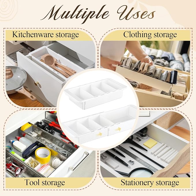 4 Pcs Expandable Drawer Organizer Bins Adjustable Deep Drawer Hanging Organizer Tray Expandable 11.4 to 18.1 Inches Plastic Dividers Storage for Office Bathroom Bedroom Kitchen Desk, White