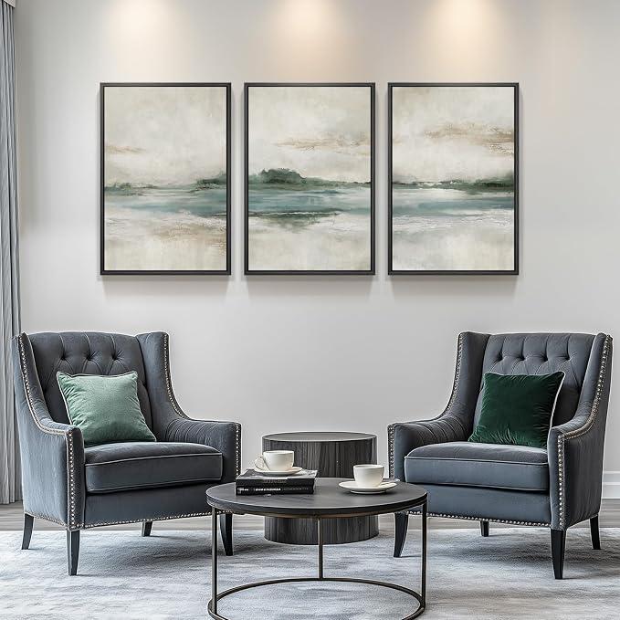Framed Abstract Landscape Wall Art, Set of 3 Canvas Prints Paintings Artwork for Walls, Soft Blue and Green Nature Pictures for Living Room, Bedroom, Lounge, Dining Room Wall Decor 16x24 In