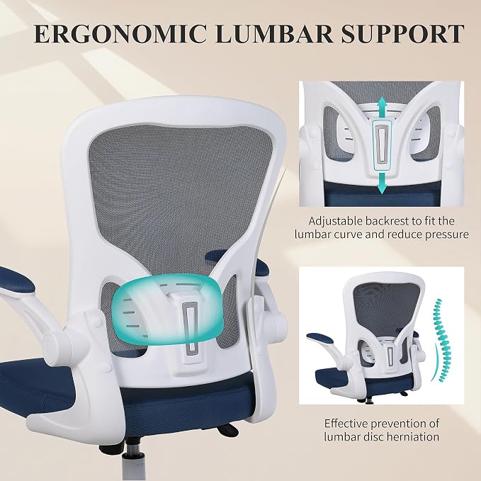 Flysky Mesh Office Chair, Ergonomic Computer Desk Chairs for Home Office - with Comfy/Comfortable Flip-up Arm Rests, Lumbar Support, Height Adjustable, 360 Degree Rolling Swivel (Blue)
