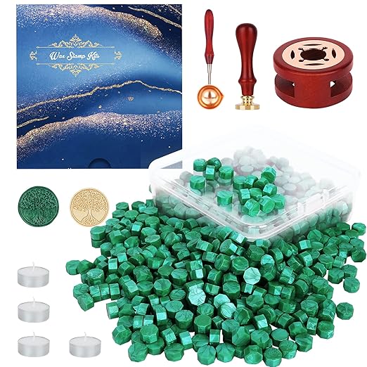 Green Wax Seal Kit, 357pcs with Wax Beads, Stamp, Warmer, Spoon, Candles, for Envelopes, Letters, Crafts