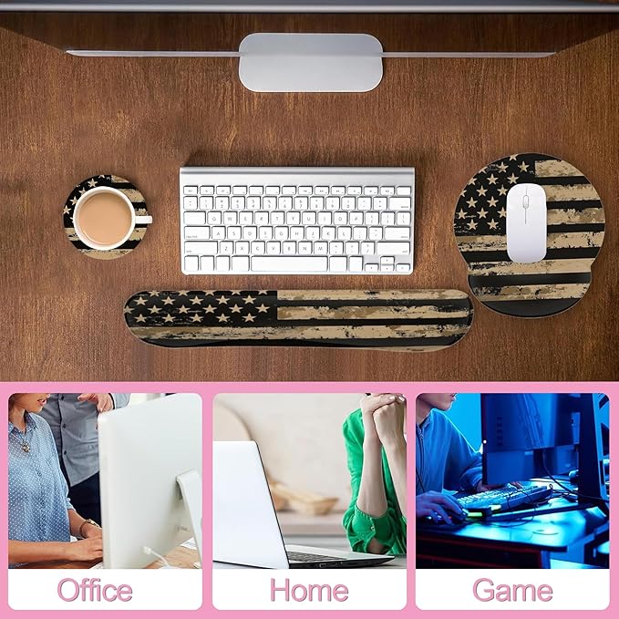 Retro Flag Ergonomic Wrist Support Keyboard Mouse Wrist Rest Set, Computer Office Comfortable Wrist Rest for Mouse Easy Typing