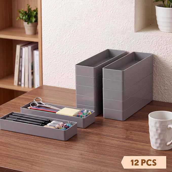 Teling 12 Pcs Grey Large Rectangular Desk Organizer Set Half Accessory Tray Plastic Tabletop Organizer for Office Home or Study Dimensions: 9.45 x 2.95 x 1.38 Inches