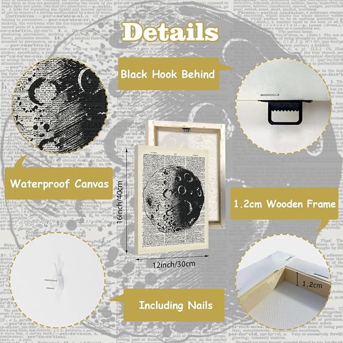 CHDITB Vintage Space Canvas Wall Art, Antique Dictionary Astronaut Decor, Retro Solar System Framed Poster, Celestial Planets Artwork, Outer Space Room Prints For Kids Bedroom Nursery Decor 8”X10”X6