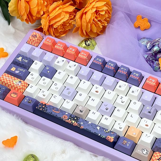 Cute Keycaps, Cherry Profile PBT Keycaps 130 Keys Dye-Sublimation Custom Keycap Set for 61/64/68/84/87/100/104/108 Cherry Gateron MX Switches Gaming Mechanical Keyboard Halloween Themed