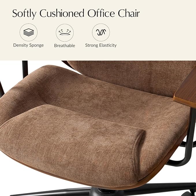 HULALA HOME Solid Wood Office Chair with Tilt Function & Metal Base, Camel | Mid Century Modern Desk Chair with Bent Wood Frame, 360° Swivel Fabric Computer Task Chair, Height Adjustable