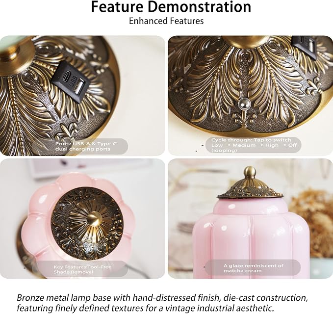 Vintage Touch Bedside Table Lamp, Elegant Green Glass Bedside Desk Lamp 3 Way Dimmable with USB C+A Charging Ports - Bedroom Nightstand & Living Room Essential (Pink, 6.5)