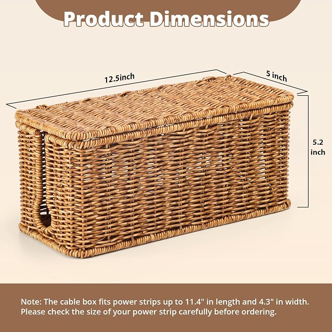 ZhiYo Rattan Cable Management Box, Speckled Brown, 12.5" x 5" x 5.2" | Handwoven imitation rattan cord organizer box conceals power strips and cables for a clean desk or floor setup