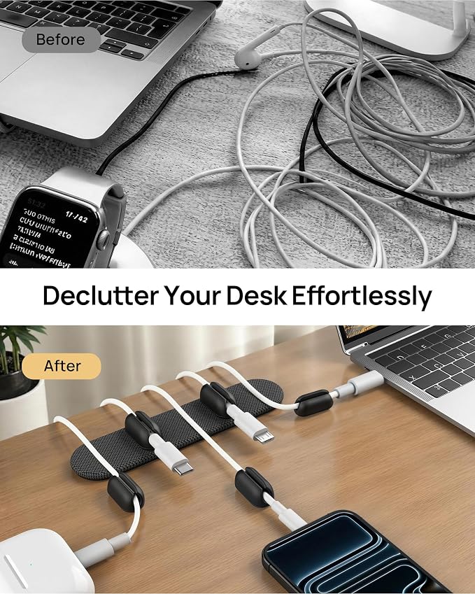 6 Pack Magnetic Cable Holder [2 in 1 Magnet & Adhesive] Cable Clips Silicone for Phone Charger, SODI Minimalist Cord Holder for Nightstand, Adhesive Cord Organizer for Desk, Car, Office (5-Black)