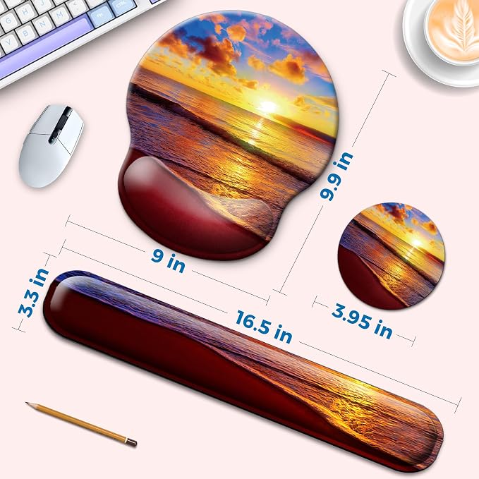 Mouse Pad and Keyboard Wrist Rest Support, with Non-Slip PU Base,Gel Mouse Pad with Coaster,Pain Relief for Gaming, Computer,Office -Sunset Beach