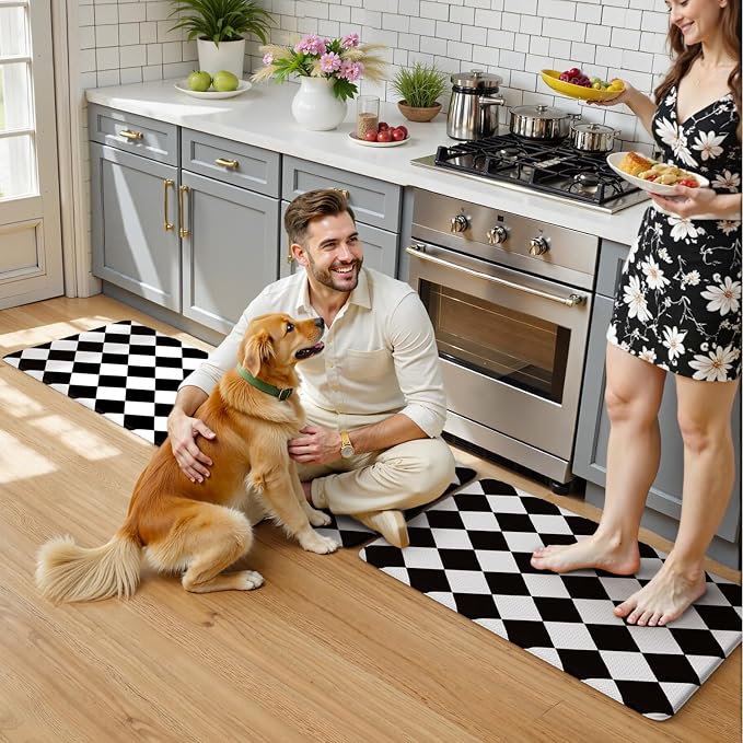KIMODE Anti Fatigue Kitchen Mats for Floor,Farmhouse Rugs for Kitchen Floor | Black and White Diamond Kitchen Floor Mat Non Slip, Cushioned Standing Mat for Laundry Office Sink Desk Dorm 17"x47"+17"x29"