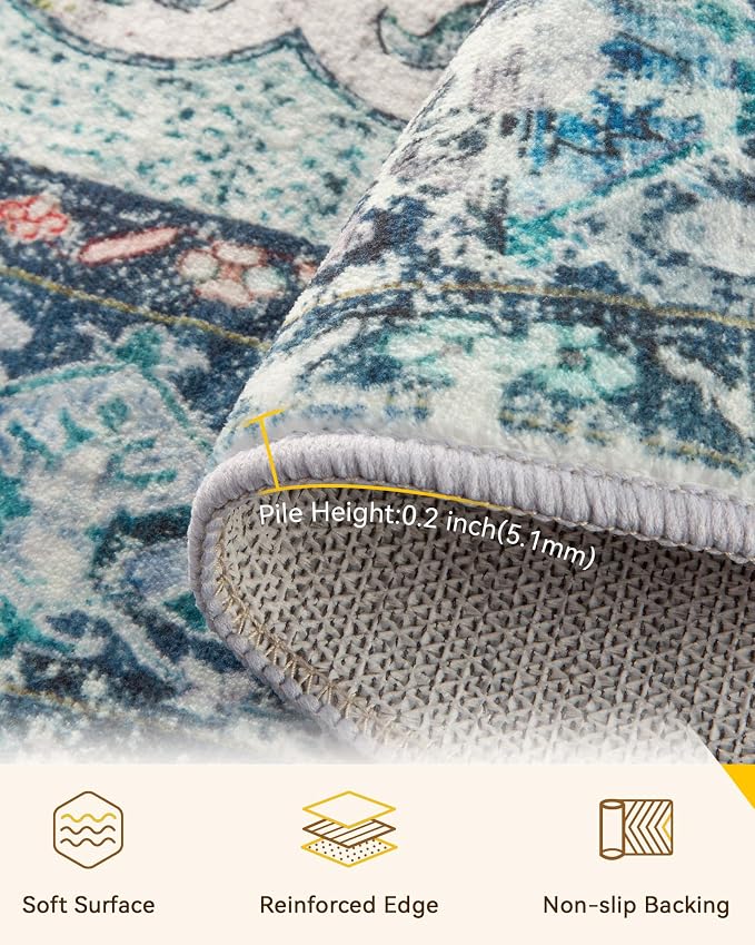 RELEANY Area Rugs Round 4ft Washable Non-Slip, Floral Vintage Distress Medallion Carpet for Living Room Bedroom Dining Room, Green Navy Blue White Red Teal