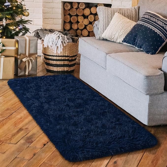 HOMORE Runner Rug 2x4 Navy Blue Rug for Bedroom, Fluffy Runner Rugs for Hallway Bedside, Long Rugs for Living Room Kids Room, Soft Carpet for Dorm Indroor Entrance