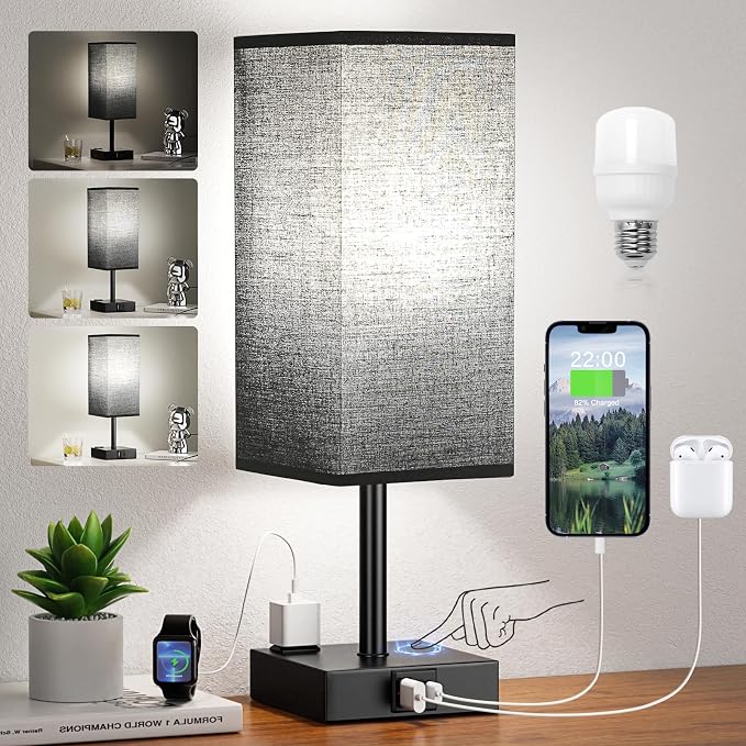 aooshine Black Lamp for Bedroom-Touch Lamp with USB-C+A and AC Outlets,3 Way Bedside Nightstand Square Table Lamp for Kids, Guest Room Living Rroom,Office, 800 Lumens 5000K Daylight Bulbs Included