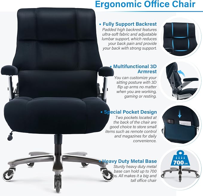 Big and Tall Office Chair 700lbs, Fabric Heavy Duty Executive Desk Chair | 3D Flip Arms, Extra Wide, Upgraded Wheels, Adjustable Lumbar Support, Metal Base, Large Ultra-Soft Ergonomic Computer Chairs