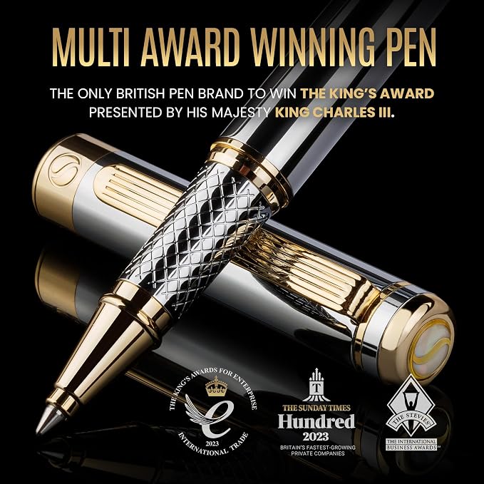 Scriveiner Silver Chrome Rollerball Pen - Stunning Luxury Pen, Real Gold Plating, Schmidt Ink Refill, Best Roller Ball Pen Gift Set for Men & Women, Professional, Executive Office, Fancy Pens