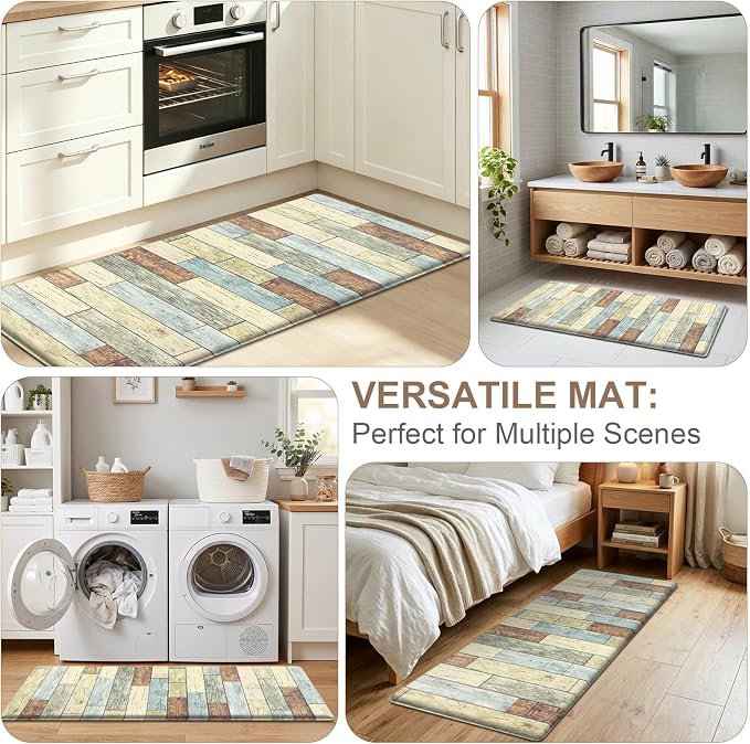 LOKHOM Anti Fatigue Kitchen Mats for Floor, 24x59 Non Slip Modern Cushioned Standing Comfort Kitchen Runner Rug, Waterproof Geometric Patchwork Memory Foam Padded for Sink Laundry Office, Dusty Aqua