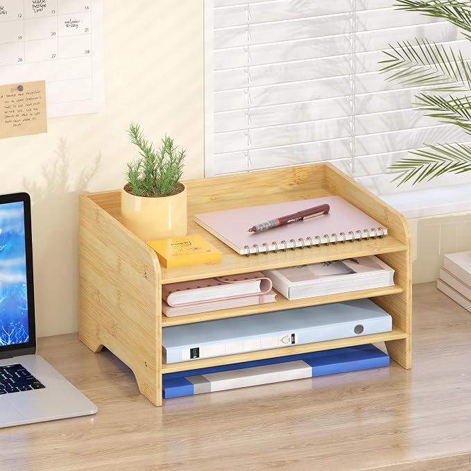 Bamboo File Organizer for Desk, Desktop Paper Tray and Mail Holder | Three open tiers keep A4/letter paper, folders, bills and mail sorted, visible and easy to reach while saving desk space