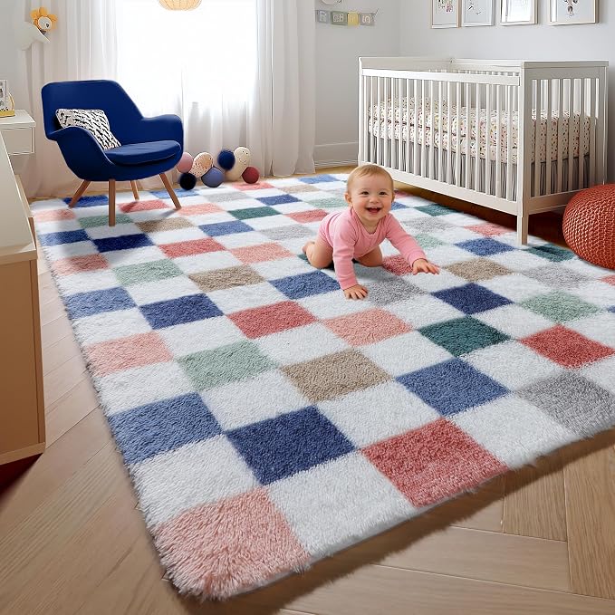 KICMOR 6x9 Area Rugs for Living Room, Large Fluffy Soft Colorful Checkered Fuzzy Shag Shaggy Bedroom Carpet, Cute Indoor Plush Rainbow Rug for Teen Kids Boys Girls Dorm Nursery Home Decor Aesthetic
