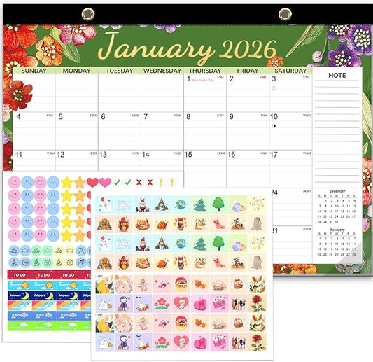 Desk Calendar 2026, Anti-Ink Bleed, Plastic Cover, Ample Space, Through June 2027 with Stickers, 17" x 12" Large Seasonal Wall Calendar 2026 for Home, Office, Student & Teacher Supplies- Flower