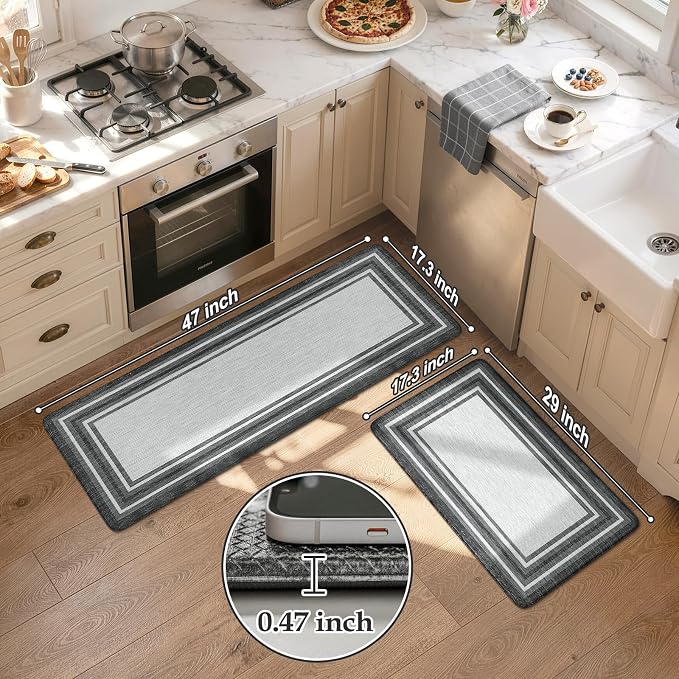 KIMODE Anti Fatigue Kitchen Mat for Floor 2PC,Kitchen Rugs Non Slip Rubber Backing,Waterproof Farmhouse Kitchen Floor Mat,Cushioned Standing Mat for Home Decor,Office,Laundry,Sink,Desk,Black and Grey