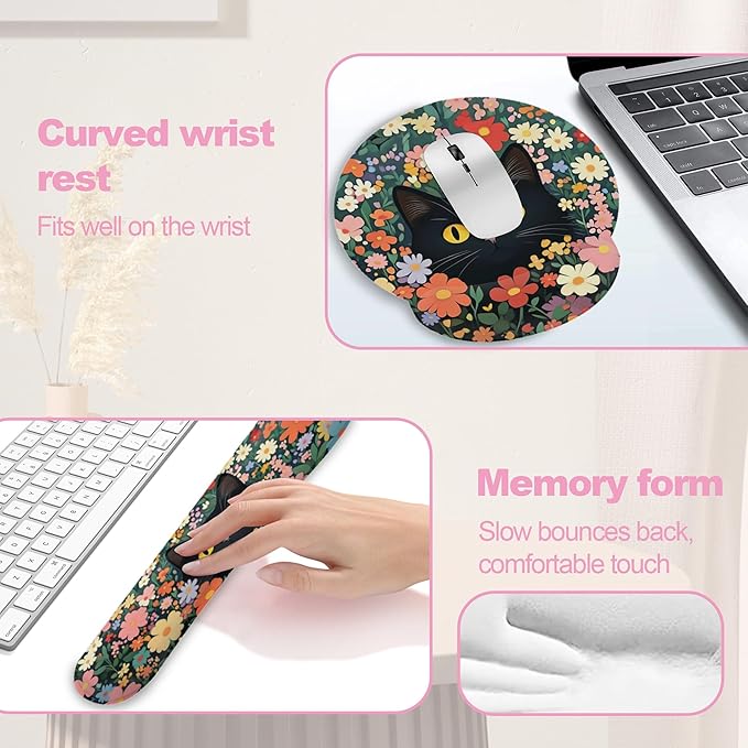 Cute Black Cat Flower Mouse Pad with Wrist Rest Set, 3-in-1 Wrist Support Mousepad Set, Gaming Mat Pad with Anti-Skid Base,Ergonomic Memory Foam Mouse Pad Set for Women, Office, Typing, Gaming