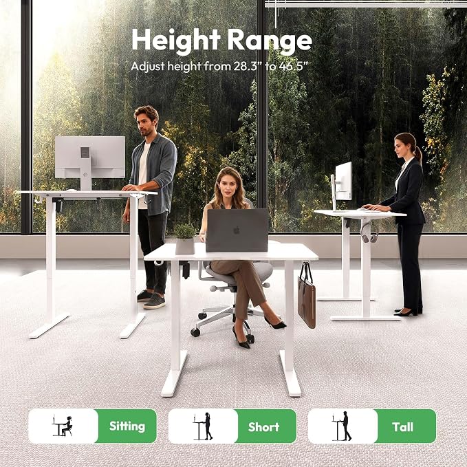 35 x 24 Inch Height Adjustable Standing Desk, 3 Presets, White | 35 x 24 in Desktop, 28.3–46.5 in Height, 2+3 Controls, ≤45 dB, 154 lb Capacity, 2 Hooks