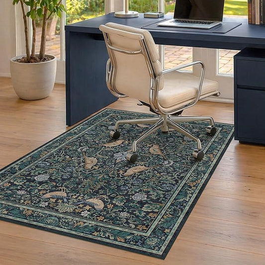 Washable Floral Small 3x4 Office Chair Mat for Hardwood Floors, Boho Blue and Green Non-Slip Low Pile Desk Rug, Machine Washable Botanical WFH Essential for Dorm Room, Stain Resistant Floral Carpet