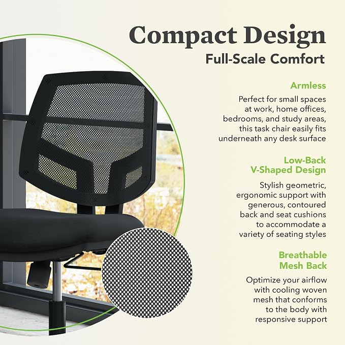 HON Volt Ergonomic Office Chair with Mesh Back, Armless Fabric Desk and Computer Chair with Center‑Tilt Recline and Wheels for Home Office or Workstation, Black