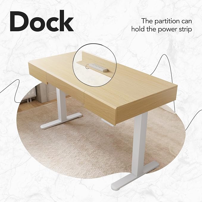 HUANUO 48 Inch Standing Desk with Drawers, Electric Adjustable Height Stand Up Desk with Storage, Whole-Piece Board Computer Workstation for Home Office, Light Walnut