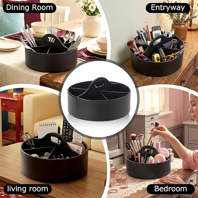 360° Rotating Leather Desk Storage Organizer with 6 Slots and Handle Extra-large Pen Holder Spinning Pencil Storage Lazy Susan Organizer Office Desk Supplies Marker, Art Supply(Black)