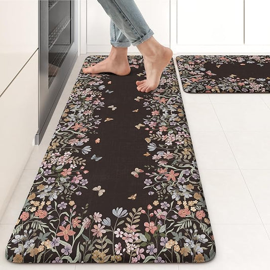 KIMODE Anti Fatigue Kitchen Mats for Floor, Farmhouse Black Kitchen Rugs Sets of 2, Summer Cushioned Kitchen Floor Mats, Comfort Standing Mats for Sink Laundry Office Desk 17"x47"+17"x29"