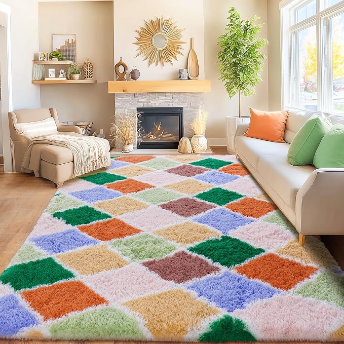 Area Rugs for Living Room Bedroom 8x10, Ultra Fluffy Shag Checkered Rug Modern Washable Carpet Soft Shaggy Non Slip Indoor Plush Fuzzy Rugs for Bedroom Dorm Office Home Aesthetic Decor, Colorful