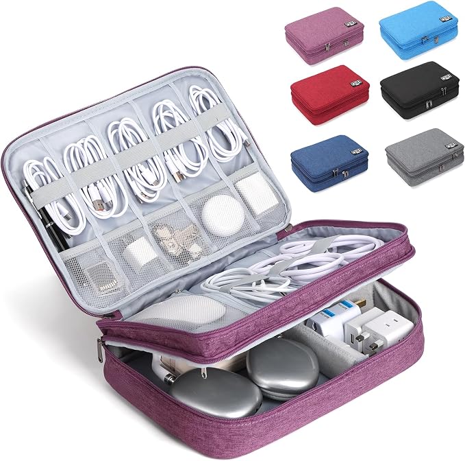 Large Electronic Organizer Travel Case, Double Layer Tech Accessories Bag with 3 DIY Adjustable Dividers, Waterproof Padded Cable Storage Pouch for Camera Gear, Power Bank, Hard Drive, Mouse