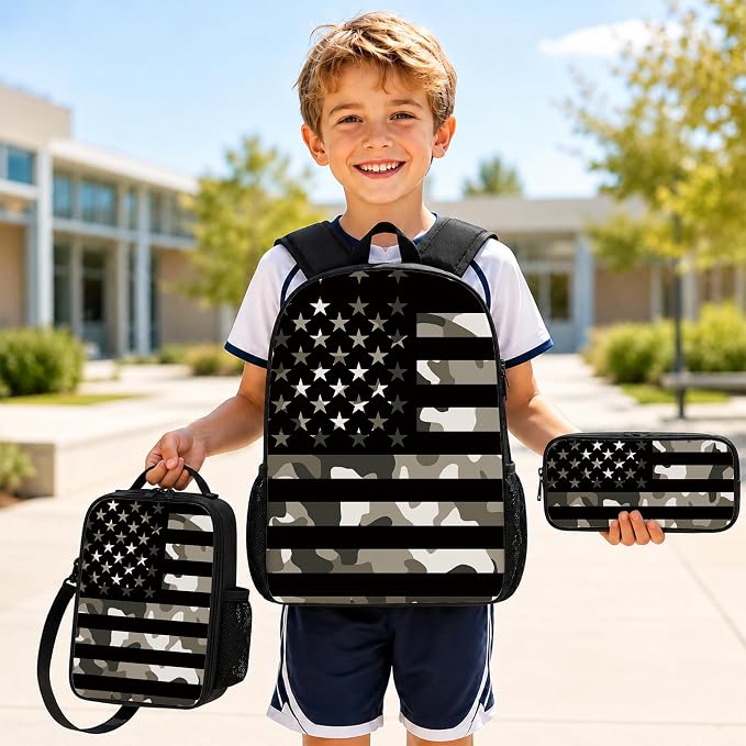 3PCS Camouflage flag Backpack for Boys Girls Teens, School Backpack with Lunch Box Pencil Case for Elementary Middle High Students, 17 Inch Lightweight Bookpack 3 in 1 Set Back to Shool for Kids