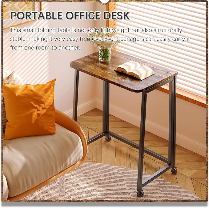 4NM 23.6" Mobile Small Folding Desk, Foldable Rolling Computer Home Office Desk, Study Writing Table for Small Space Saving Bedroom, with Wheels - Rustic Brown and Black