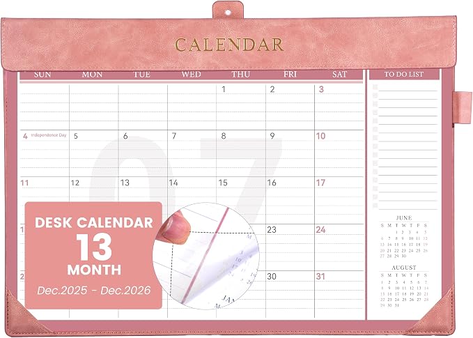 Yoment Desk Calendar 2026 Leather Desk Calendar with To-Do Lists, 13 Months Desk Pad Wall Calendar with Pen Holders PVC Cover for Work Office School Home Women Men, Jan 2026-Dec 2026, 17 x 12, Pink