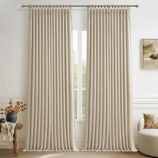 Extra Long Memory Trained Pinch Pleated Floor to Ceiling Curtains for Girls Bedroom 100 Inches Long, Blackout Linen Dual Layer Thermal Ivory Beige Sound Proof Elegant Nursery Viral Drapes with Hooks