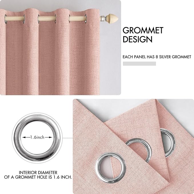 MIULEE Linen Curtains for Bedroom 100% Blackout Thermal Insulated Blush Pink Grommet Room Darkening Curtains & Drapes for Living Room 52 x 45 Inch (2 Panels)