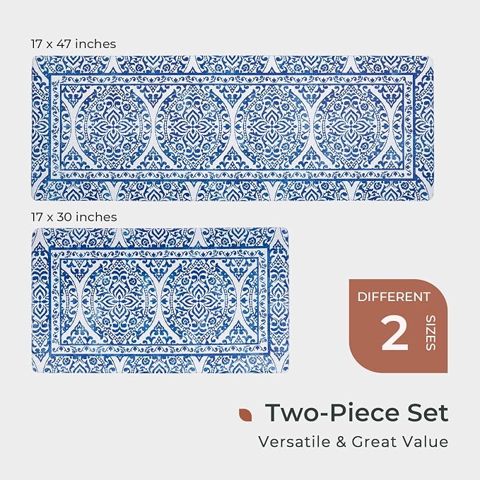 FRESHMINT 2 Piece Set Boho Kitchen Mats for Floor Bohemian Distressed Anti Fatigue Kitchen Rugs Vintage Farmhouse Cushioned Kitchen Runners for Standing Waterproof & Non-Skid Comfort, Sea Blue
