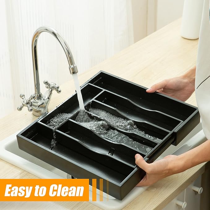 Black Silverware Organizer Kitchen Drawer Organizer Expandable Bamboo Utensil Holder Cutlery Tray for Kitchen Utensil and Flatware Bedroom Office
