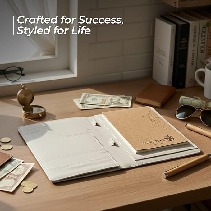 Wanderings Vintage Leather Padfolio - 10" x 13" - Professional Organizer and Resume Folder Antique Leather Document Portfolio with Writing Pad. Ideal Gift for Men and Women - Oat Color