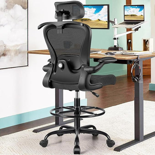 AtHope Drafting Chair, Tall Office Chair with 3D Lumbar & Head Support | Ergonomic Mesh Standing Desk Chair with Footrest Ring, Comfy Extended High Desk Chair with Flip-Up Arms & Hanger, Black
