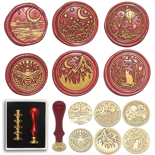 Wax Seal Stamp Kit, 6 Pcs Wax Seal Stamp Head 1 Wooden Hilt Letter Wax Seal Kit, Sealing Wax Stamp Seal Set Include Bee/Cat/Mountain/Sea/Moon Envelope Sealing Wax Stamps for Wedding Invitation