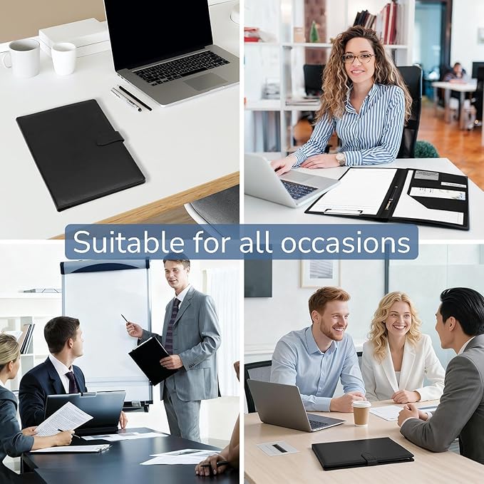 Professional Padfolio with Clipboard, Faux Leather Portfolio Folder Binder, Legal Pad Holder for A4 Letter Size Notepad, Resume, Writing Pad, Ideal Organizer for Business Office Conference, Black,