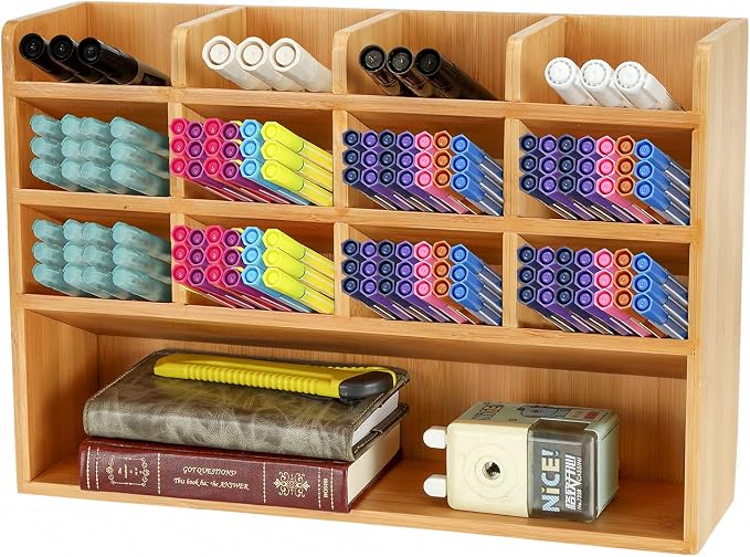 Dicunoy Desktop Pen Holder Organizer, Bamboo Art Supply Storage Caddy Holds 300 Pencils, 13 Compartments Thick Pencil Holder Box for Color Pencils, School, Classroom, Office