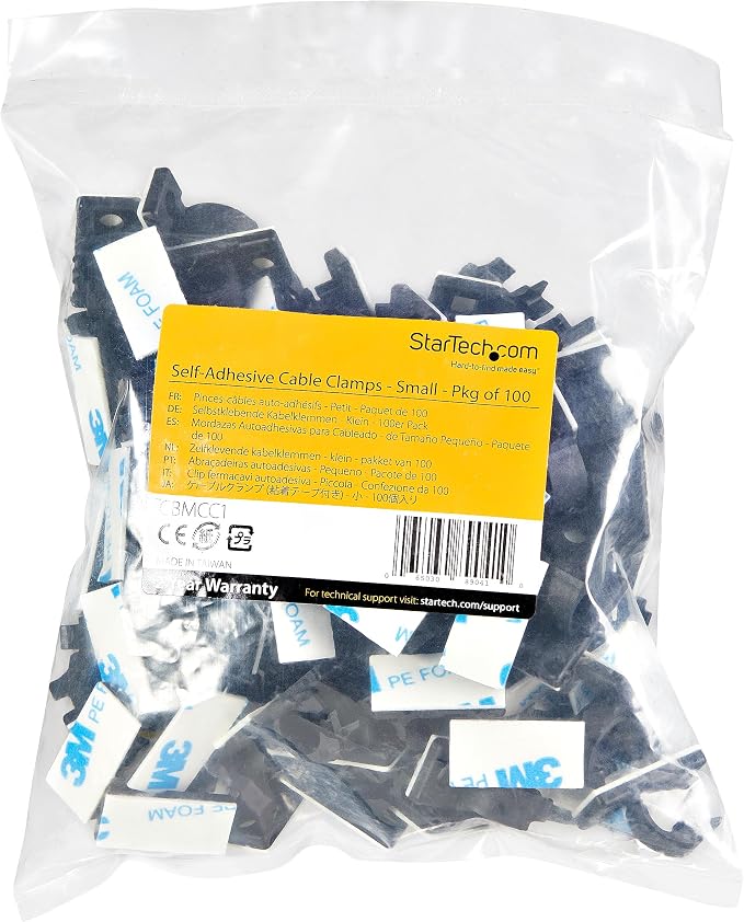 StarTech 100 Adhesive Cable Management Clips, Black, TAA, Sticky (CBMCC1) | Nylon Self Adhesive Clamp UL/94V-2 Fire Rated, Network/Ethernet/Office Desk/Computer Cord Organizer, Wire Holders