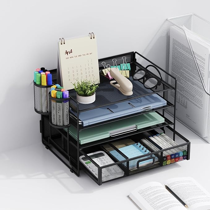 Marbrasse Desk Organizer, 4-Tier Paper File Letter Tray, Black | Sturdy Paper Tray, File Holder, Built-in Drawer, 2 Pen Slots, fits Letters/Files, for School Home Office Supplies