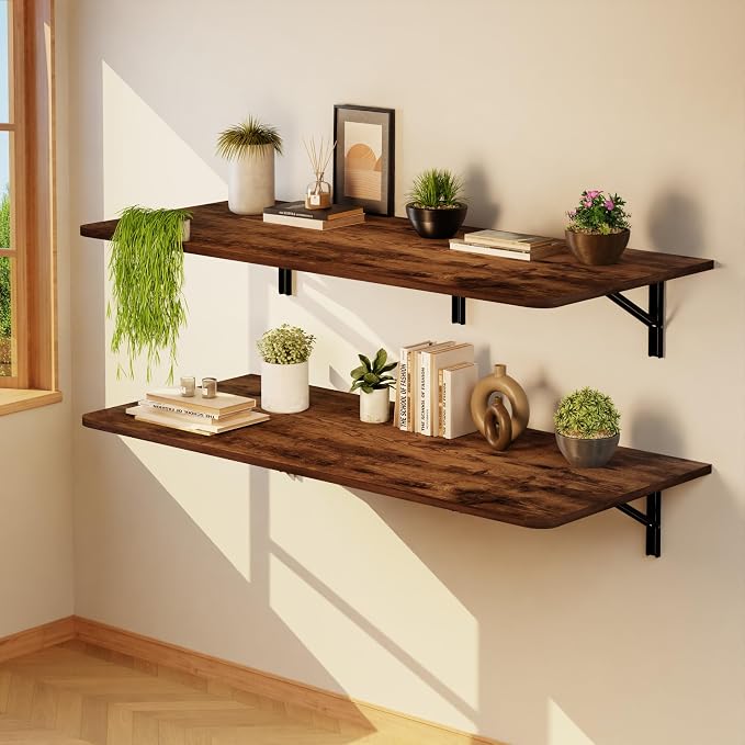 IAE Wall Mounted Floating Foldable Desk, 48" x 22" Folding Computer Workstation Table with Engineered Wood and Metal Shelf Brackets,Fold&Floating Design for Home Office, Apartment,Laundry Room,Rustic