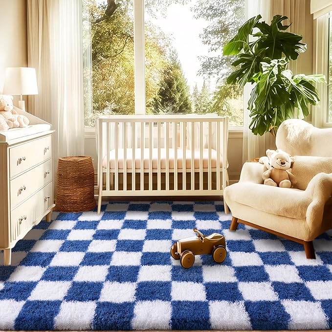 Area Rugs for Living Room Bedroom 9x12, Ultra Fluffy Shag Checkered Rug Modern Washable Carpet Soft Shaggy Non Slip Indoor Plush Fuzzy Rugs for Bedroom Dorm Office Home Aesthetic Decor, Navy and White