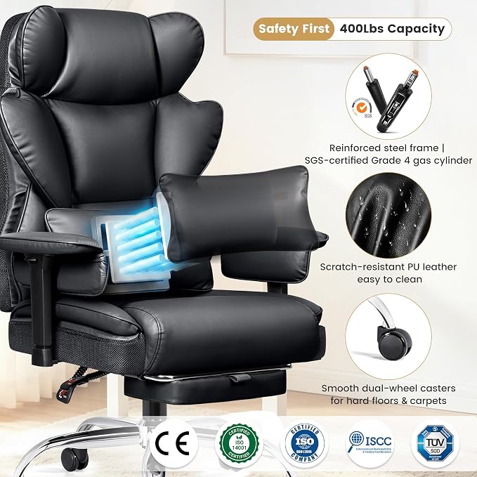 Big & Tall Office Chair, Ergonomic High Back with Footrest Black | 400 LBS Heavy Duty Steel Frame for Plus-Size Users, 23.6" Wide Cushioned Seat, 165° Recline, Ajustable Arms, Lumbar Support